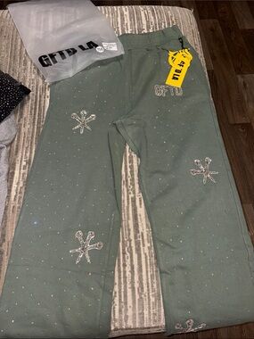 Kids Olive Green Rhinestone Embellished Bottoms